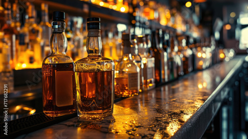 Whiskey bottles on a bar counter with a backdrop of various blurred bottles on illuminated shelves.