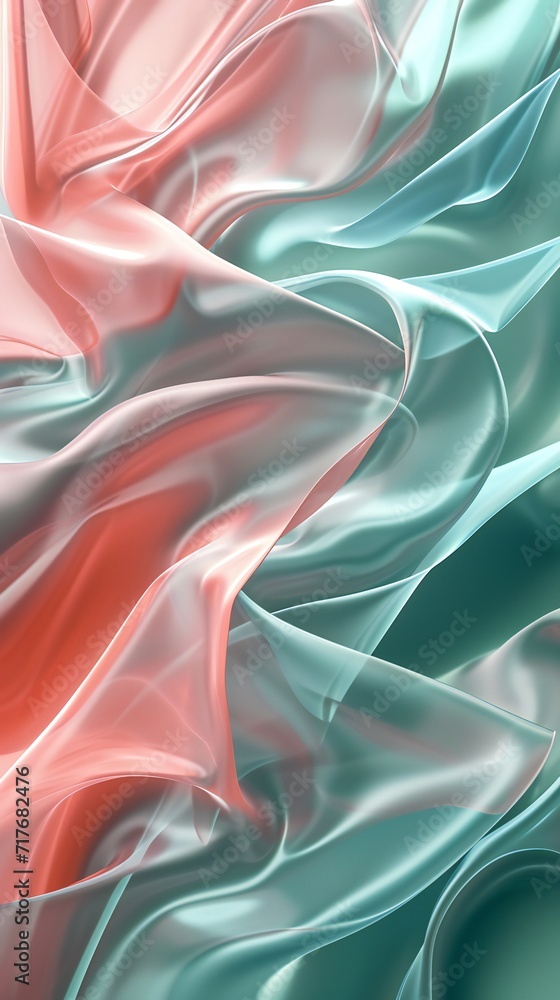 Fototapeta premium Glassy soft coral and mint blend on pine needles, swirling in a calming dance against a tranquil portrait background.