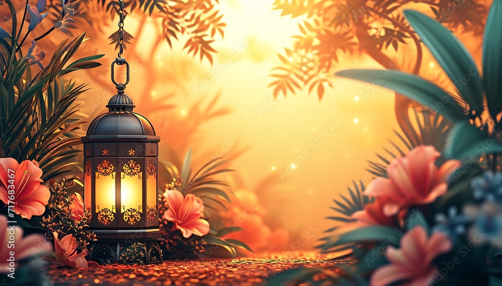 Lanterns on the background of a blooming tree. Islamic background, eid banner