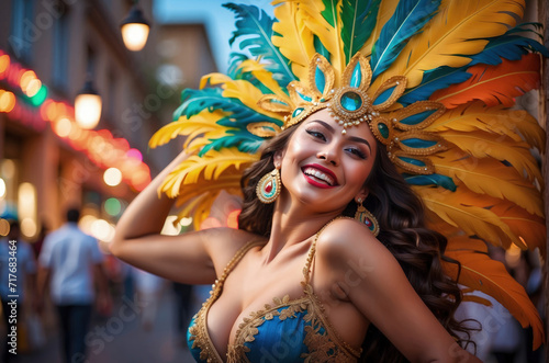 beutiful dancing and smilling Female wearing brazillian carnival costume