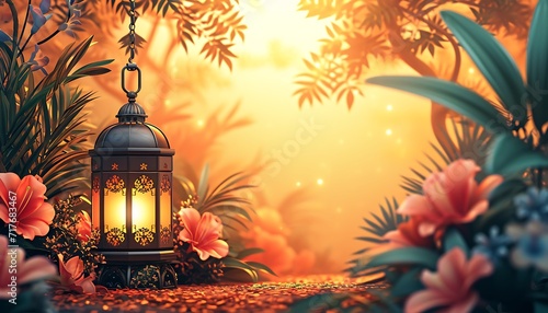Lanterns on the background of a blooming tree. Islamic background, eid banner © Asad