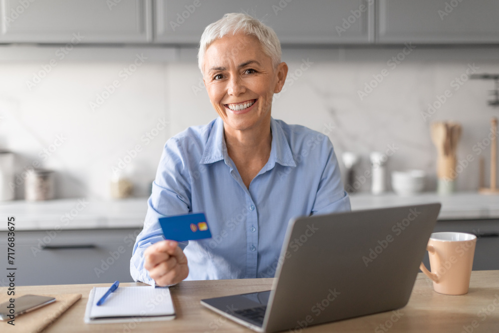 Glad Lady Using Credit Card And Laptop In Modern Kitchen Glad Lady Using Credit Card And Laptop In Modern Kitchen