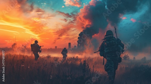 Soldiers in helmets and protective suits with backpacks in field with city in smoke against colorful sky in sundown in summer