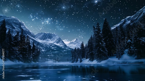 Snowy mountain landscape with a frozen lake and pine trees  under a starry night sky background.