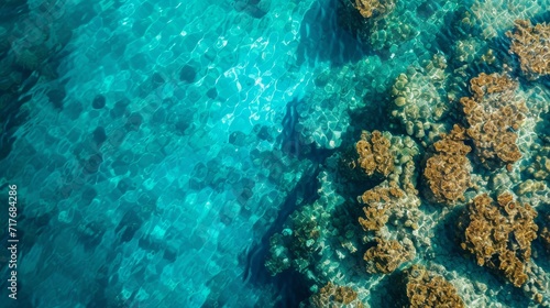 Top view of a coral reef in crystal clear waters background.