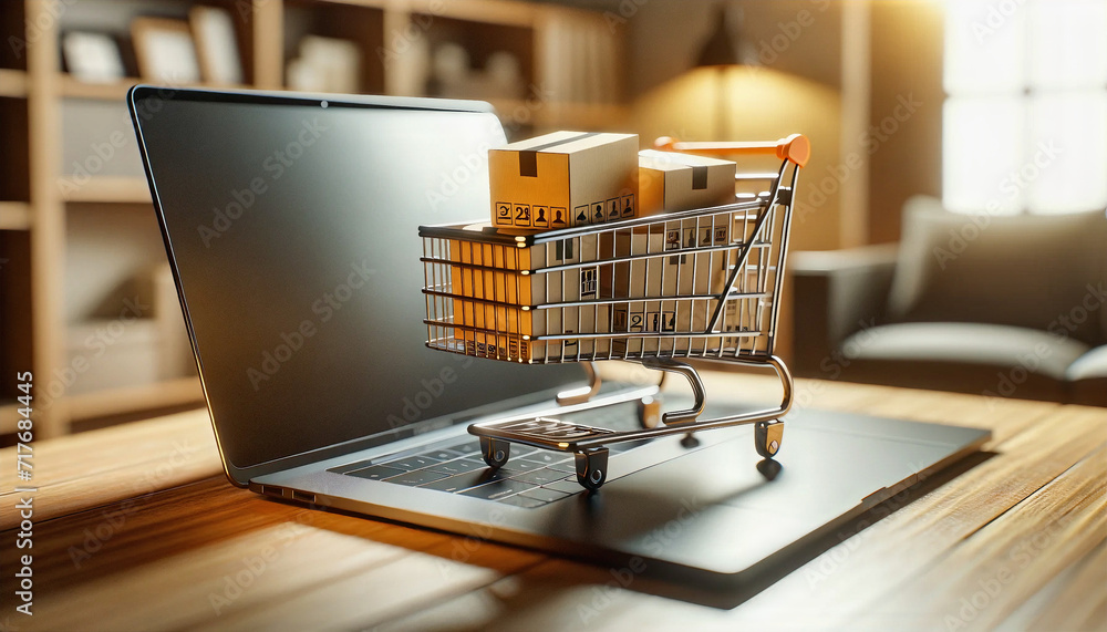 Online shopping concept with miniature shopping cart standing in front of laptop. Digital Marketing, Technology, Tech Industry, Startup,  Entrepreneurship, Business.