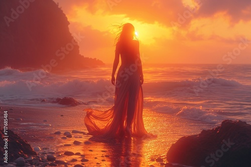 Sunset Serenade: A Woman in a Long Dress Walks Along the Ocean Shore Generative AI © Vinod
