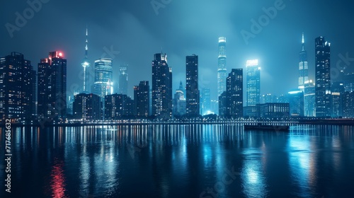 Urban skyline at night with illuminated skyscrapers and a river reflecting the city lights background.