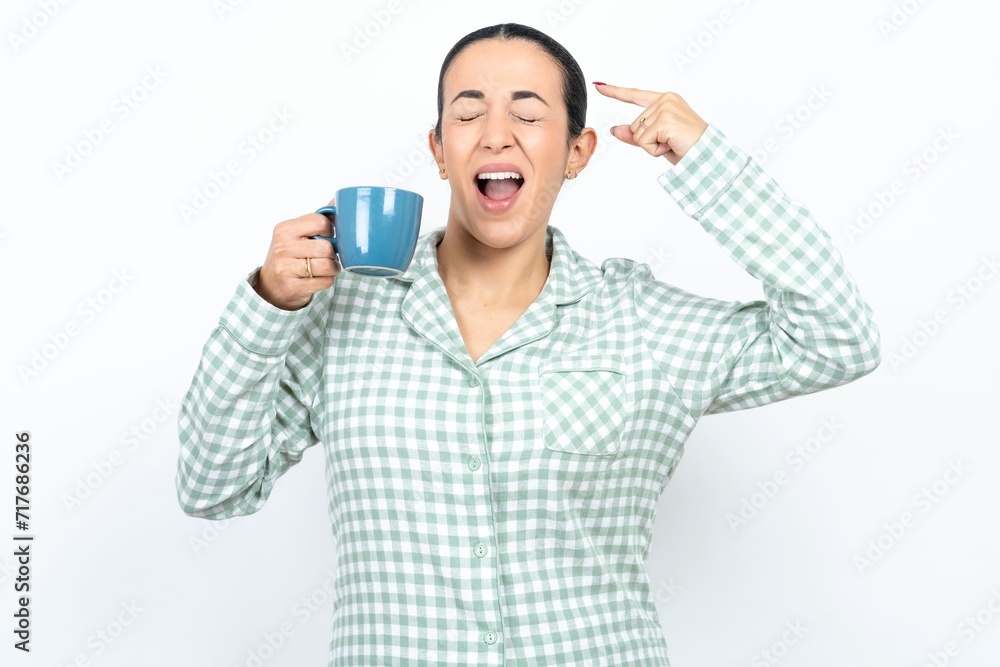 Photo of crazy MODEL screaming and pointing with fingers at hair closed eyes Photo of crazy MODEL screaming and pointing with fingers at hair closed eyes