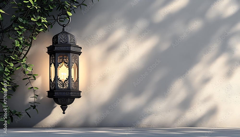 Lantern hanging on the bushes on the side of the wall, Islamic background, Ramadan background