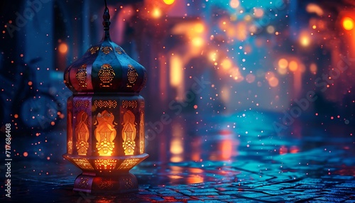 Islamic Ramadan background, Ramadan lanterns on the street at night