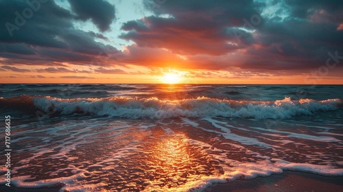 Vibrant sunset over calm ocean waves © Khalif