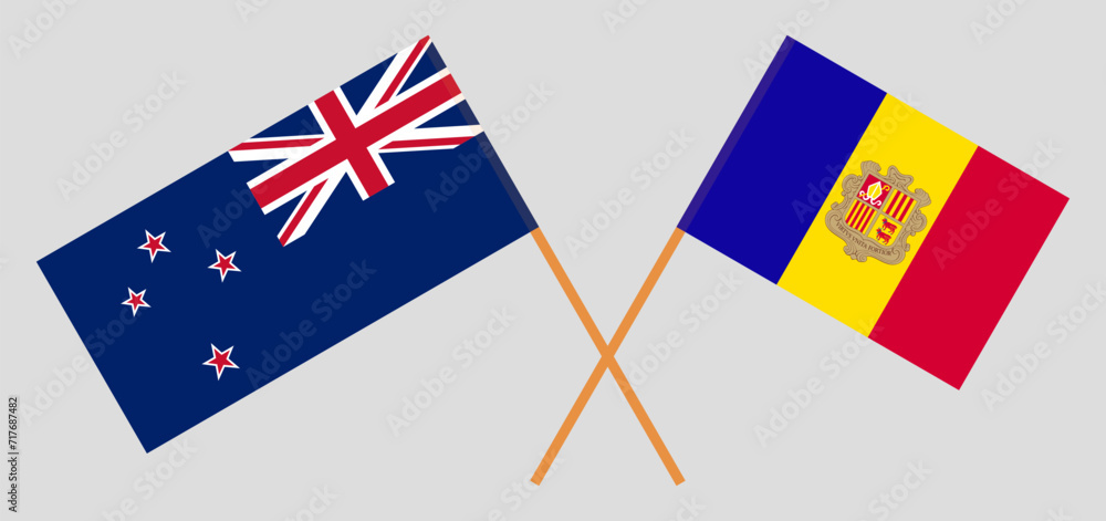 Crossed flags of New Zealand and Andorra. Official colors. Correct proportion