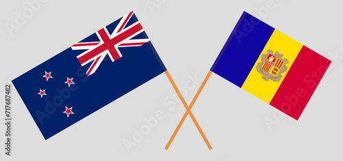 Crossed flags of New Zealand and Andorra. Official colors. Correct proportion
