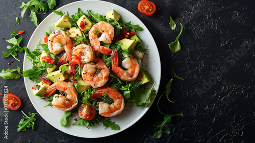 Top down view on a shrimp and avocado salad on a black texture background with space for text