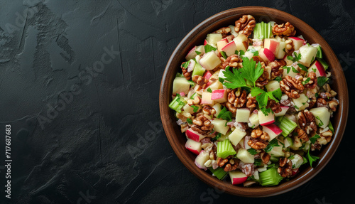 Waldorf salad with apples, walnuts, and celery on a black texture background