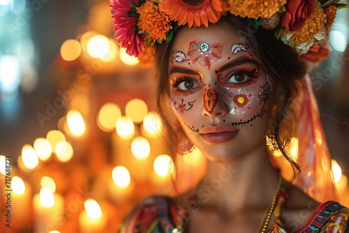 Celebrate DÃ­a de los Muertos with a Glowing, Flower-Crowned Woman Generative AI © Vinod