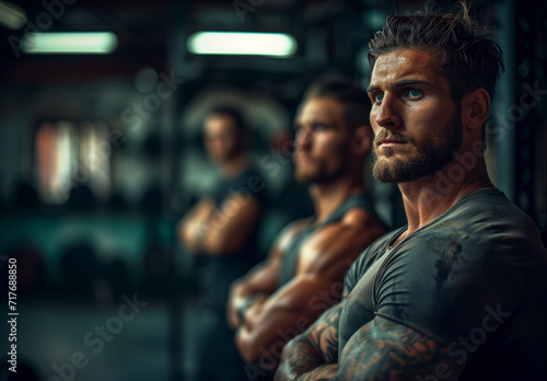 a gym page with Man and many different fitness workouts, in the style realistic lifelike figures, full body, portraits with soft lighting, muscular person and another Men, Fitness Series 