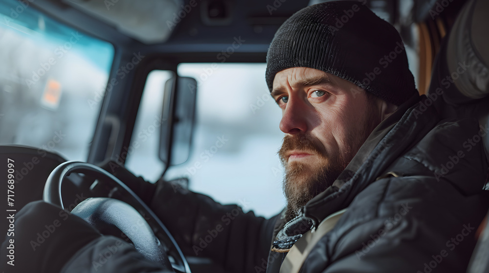 A somber professional truck driver seated in the cabin, reflecting a mood of sadness or distress. A somber professional truck driver seated in the cabin, reflecting a mood of sadness or distress.