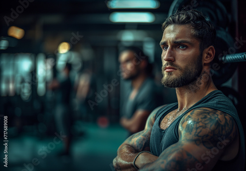 a gym page with Man and many different fitness workouts, in the style realistic lifelike figures, full body, portraits with soft lighting, muscular person and another Men, Fitness Series  photo