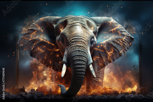 An elephant emerges from the screen with sparks of a modern TV. Generated by artificial intelligence © Vovmar