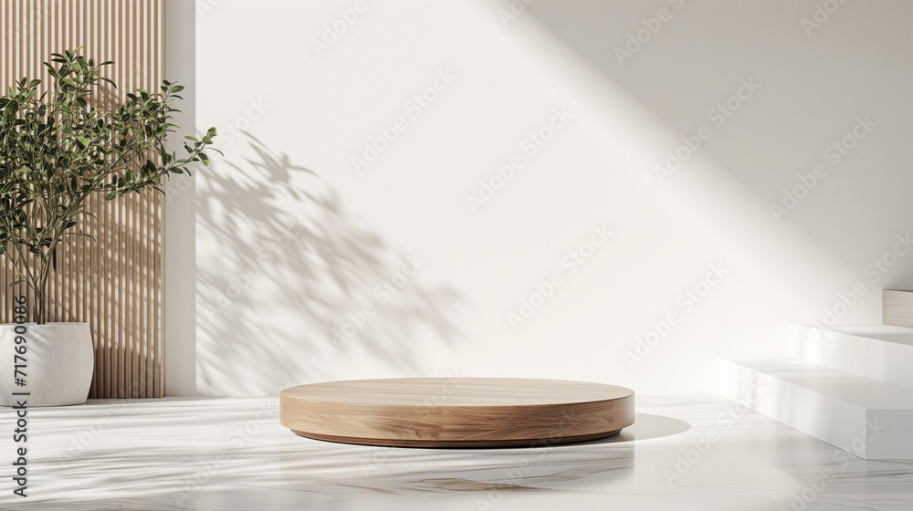 A light brown wooden podium on white minimal room with tree shadow background. Represent minimal, old money and quiet luxury. A light brown wooden podium on white minimal room with tree shadow background. Represent minimal, old money and quiet luxury.