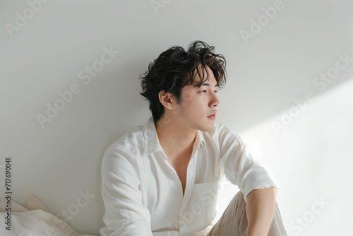 素肌の綺麗な日本人の男性メイクモデルのポートレート（白背景・美肌・透明感