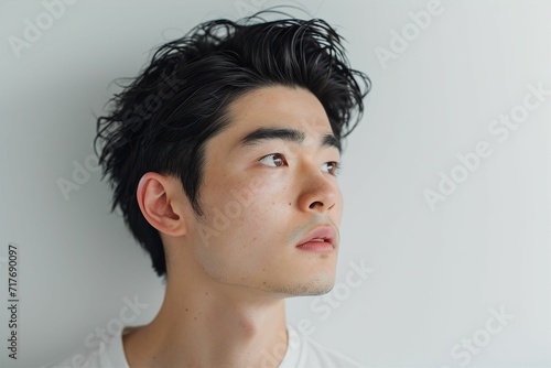 素肌の綺麗な日本人の男性メイクモデルのポートレート（白背景・美肌・透明感
