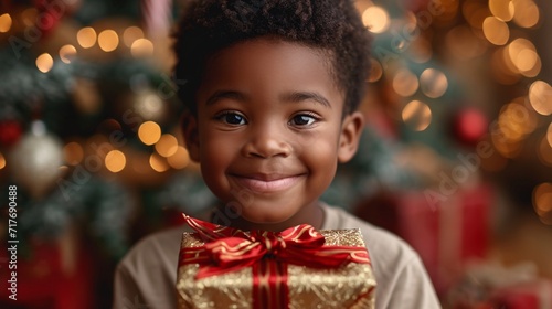 Holiday Cheer: A Young Boy Smiling at Christmas Generative AI © Vinod