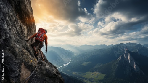Climbers climbing a mountain, extreme sports banner and beautiful landscape with copy space, rock