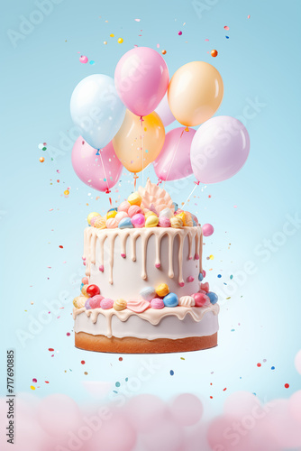 A floating celebration cake adorned with colorful candies, dripping icing, and balloons against a cheerful blue sky background. 