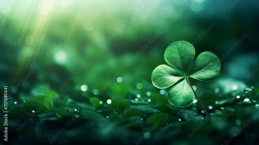 A single green clover leaf stands out with fresh dew drops on a lush background. A single green clover leaf stands out with fresh dew drops on a lush background.