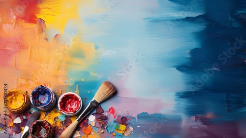 Paint brushes on creative oil abstract paint background copyspace, blank space