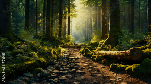 Path among the dense old forest in the early summer morning. Green moss covered the stones. The rays of the rising sun penetrate the green thicket. Without people.