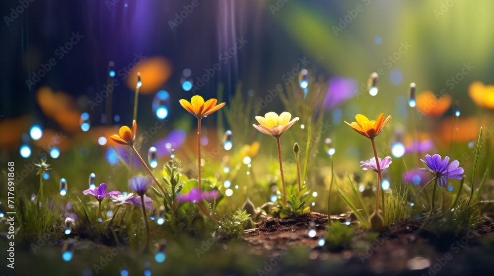 Enchanted meadow scene with wildflowers and glowing orbs of light, creating a fantasy ambiance. - obrazy, fototapety, plakaty 