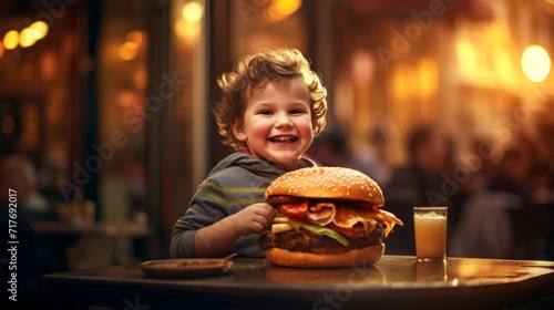 A young child with a big smile, holding an oversized hamburger, evoking joy and excitement.
