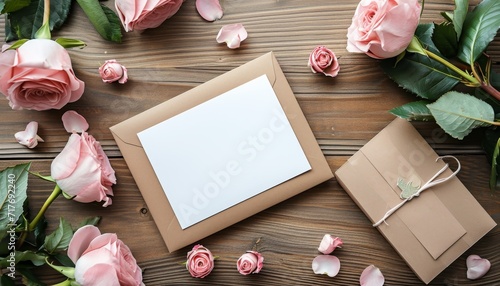 Mockup for a greeting card. Blank greeting card on a table with flowers. Valentine's Day, Birthday, Happy Women's Day, Mother's Day. Stylish invitation card layout, postcard, frame or banner template. photo