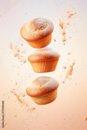 Three golden muffins dusted with powdered sugar, levitating with crumbs on a warm gradient background. 