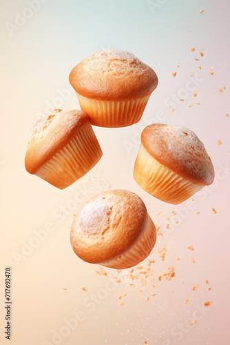 Golden muffins dusted with powdered sugar levitating on a warm gradient background. 