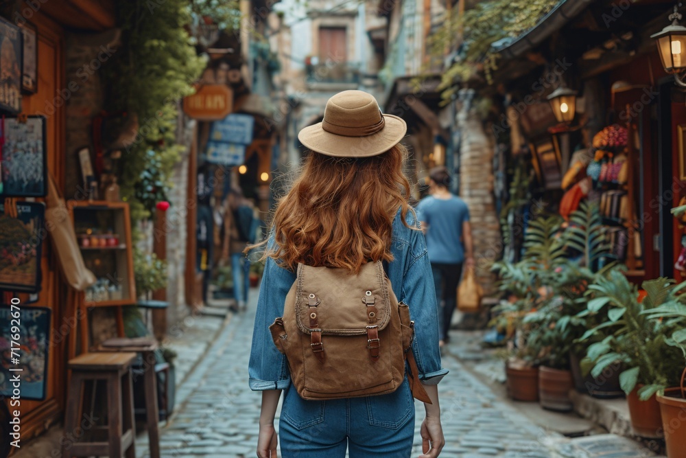Summer Vibes: A Woman in a Tan Hat and Jean Jacket Carries a Backpack Down a Cobblestone Street Generative AI