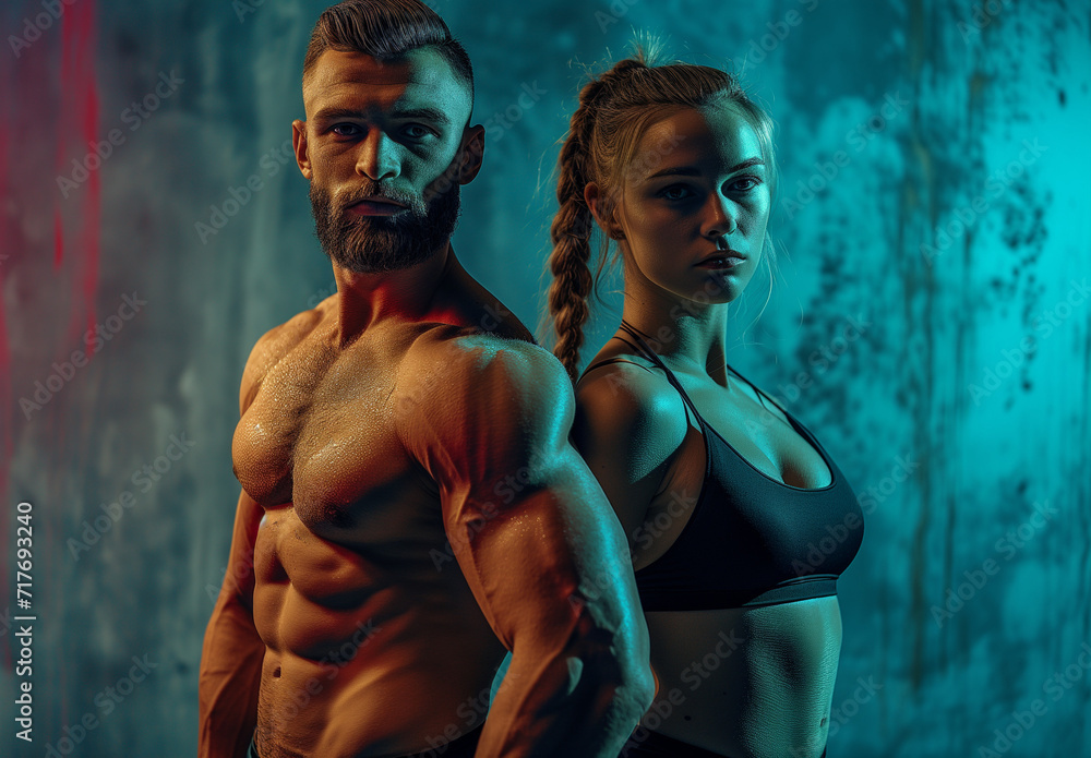 an image with a muscular person and another woman, in the style of video, focus stacking, group material, aurora punk, simplicity, handsome gym page with Men and women different fitness. an image with a muscular person and another woman, in the style of video, focus stacking, group material, aurora punk, simplicity, handsome gym page with Men and women different fitness.