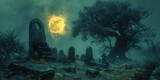 Ghostly Nighttime Graveyard: A Hauntingly Beautiful Scene Generative AI