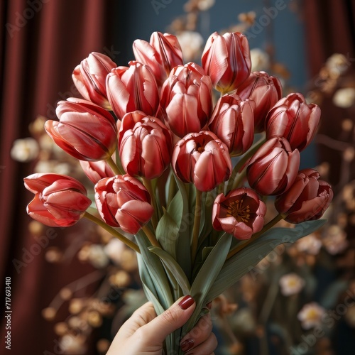 A tulip bouquet with March 8 inscription. Happy March 8th. Women's Day. Mother's Day. Happy Easter © Лена Шевчук