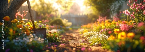 bright colorful garden landscape with gardening tool photo