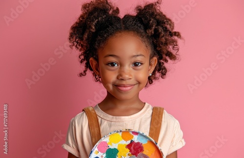 child holding paint palette in pose against pink backdrop