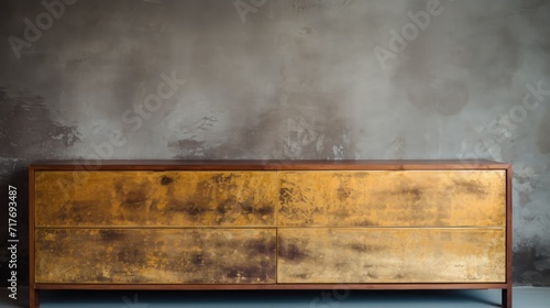 Large Wooden and Golden Dresser in Front of Gray Wall. Copy space.