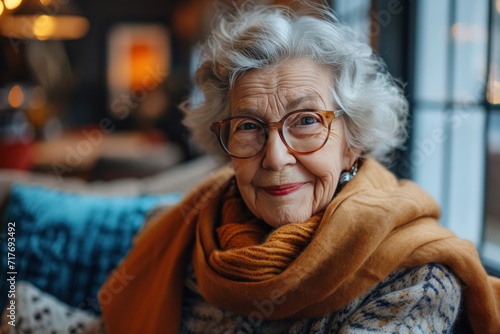 elderly woman wearing glasses smiling and talking on a couch at home
