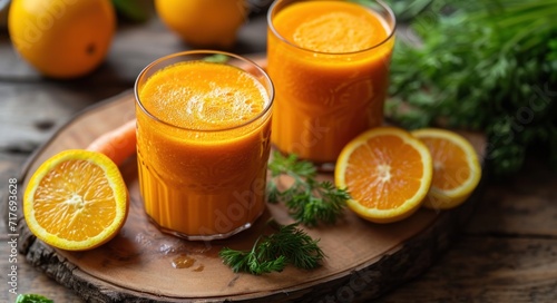 carrot juice and citrus juice are shown on a wooden board