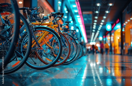 brightly colored bicycles line the sidewalk