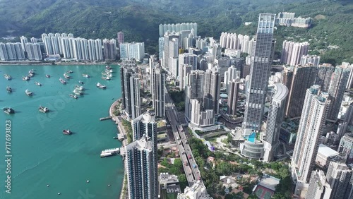 Hong Kong New Territories Tsuen Wan Kwai Chung Tsing Yi industrial town has declined, factory buildings have been converted into commercial buildings and residential seaside satellite town, Aerial  photo